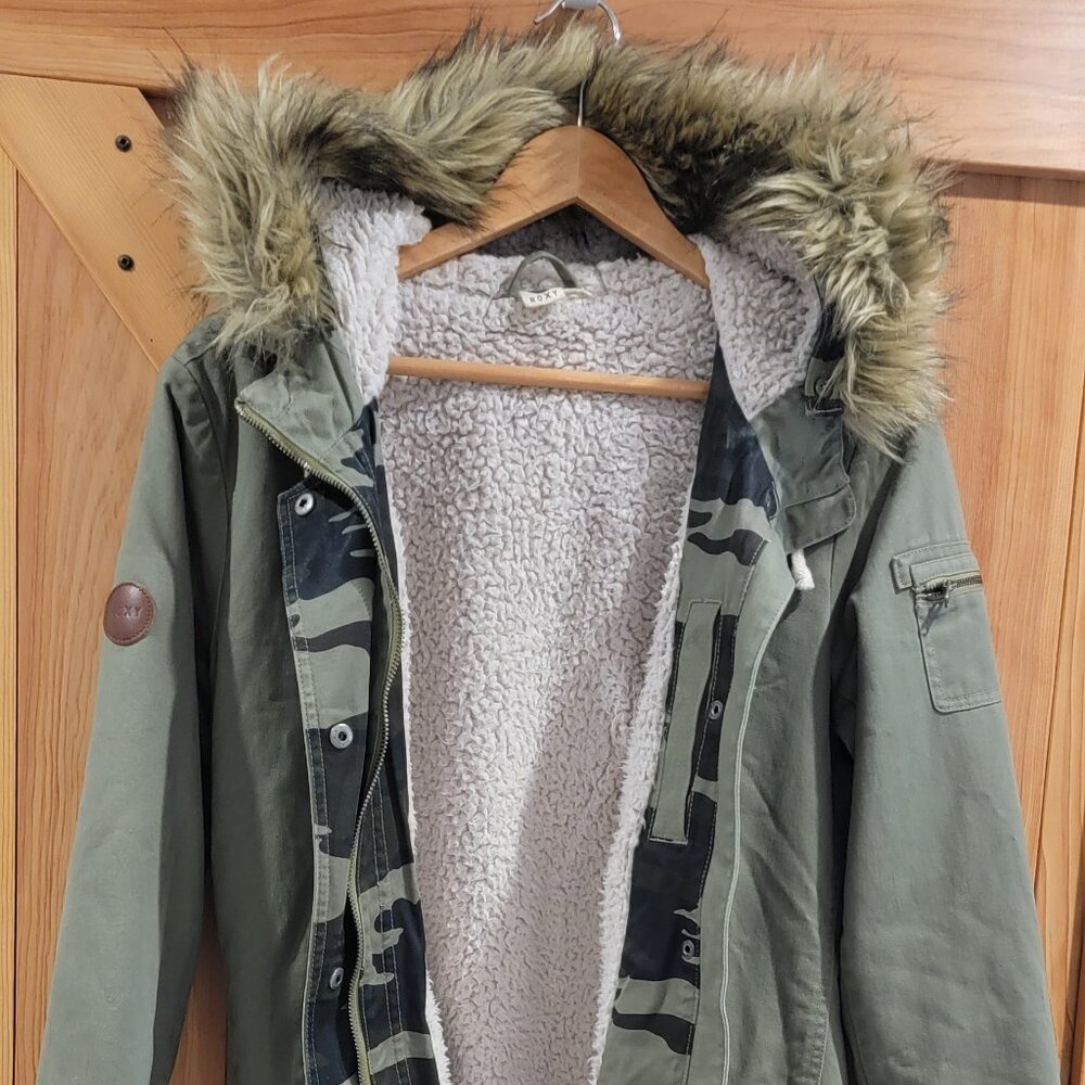 Roxy Bomber Jacket Faux Fur Trim Hood - Army Green XL - Picture 3 of 9